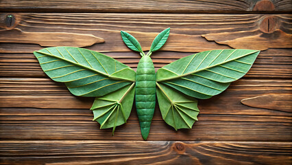 Obraz premium Green leaf moth paper art on wooden background handcrafted insect decoration