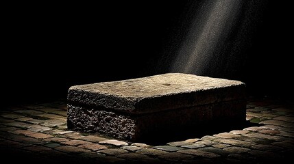 A large, weathered stone slab illuminated by a shaft of light.