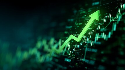A green upward arrow overlaying a stock market chart with a dark background and green highlights