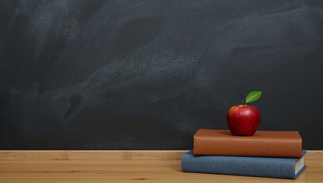 A red apple rests atop two books in front of a dark chalkboard. - Powered by Adobe
