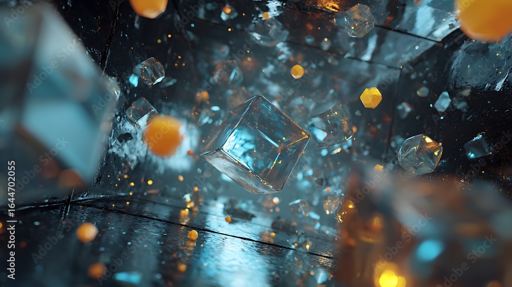 Poster abstract glowing cube with sparks on dark background, futuristic technology design with geometric sh