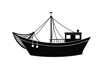 Silhouette art illuatration of a fishing boat with nets hanging over the side.eps