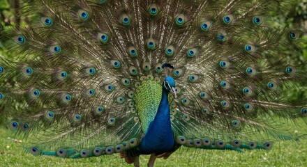 Fototapeta premium The majestic peacock in full display pose displays the beauty of its fully expanded tail, which is colorful and shimmering spread out in a radial pattern.