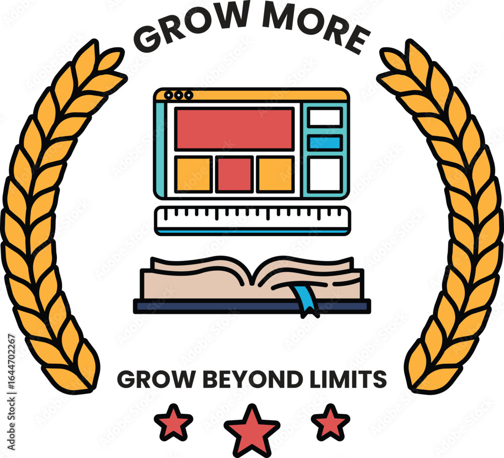 Poster a logo for grow more that features a computer monitor and a ruler