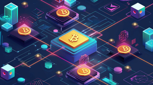 Abstract futuristic digital network with cryptocurrency symbols and glowing connections - Powered by Adobe