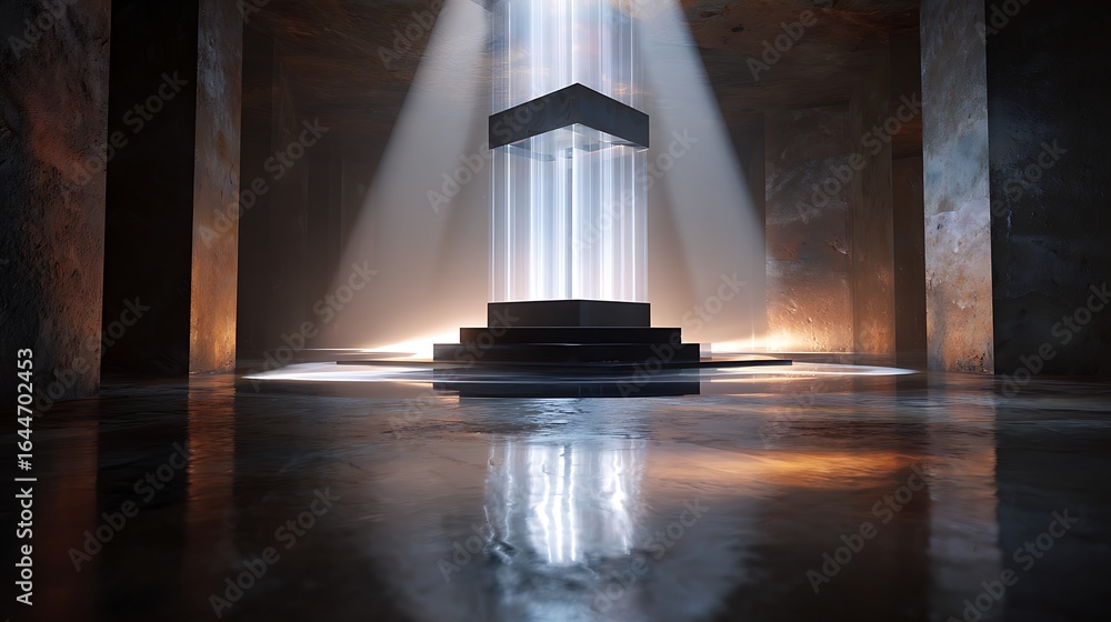Poster abstract dark space architecture with light beam, a modern building structure design with stone wall