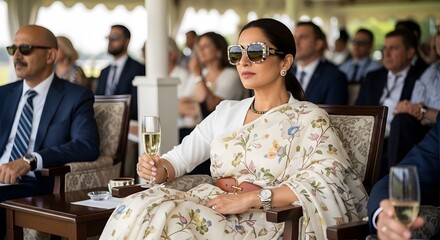 Elegant woman enjoying champagne at a lavish outdoor event, Luxury, Lifestyle, Fashion, Sari, Sophistication, Opulence, Celebration.
