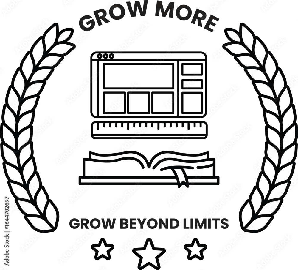 Poster a logo for grow more that features a computer monitor and a ruler