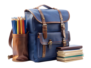 Blue leather backpack with books and pencils isolated on transparent background