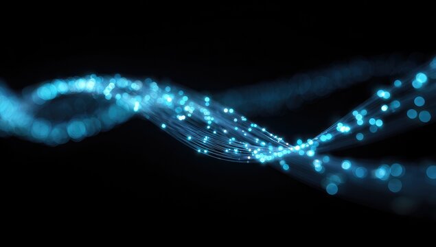 Abstract swirling strands of light blue particles against a dark background