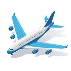 Isometric view of a large passenger jet.  Blue and white color scheme.  Detailed engine and wing design.  Simple shadow beneath