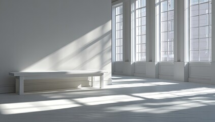 Obraz premium Sunlit minimalist room with a simple bench, tall windows, and white walls, showcasing bright natural light and shadows