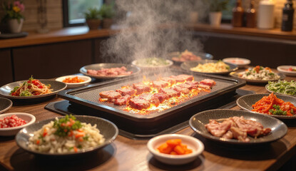 Delicious Korean BBQ feast with assorted side dishes on a table
