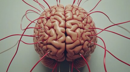 A 3D rendered human brain with connected red wires
