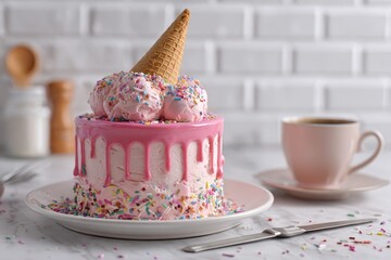 Pink iced cake decorated with ice cream scoops and sprinkles, drizzled with pink icing, atop a white plate, alongside a cup of coffee