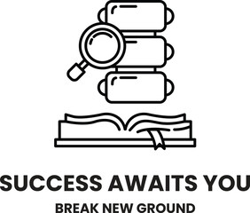 A black and white image of a magnifying glass looking at a stack of books