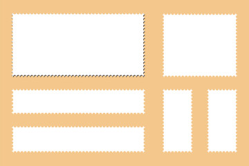 Empty blank postage stamps different size in white colorful isolated on beige background.  Collection paper postmarks isolated on background. Flat design. Vector illustration. Variety Design. EPS 10