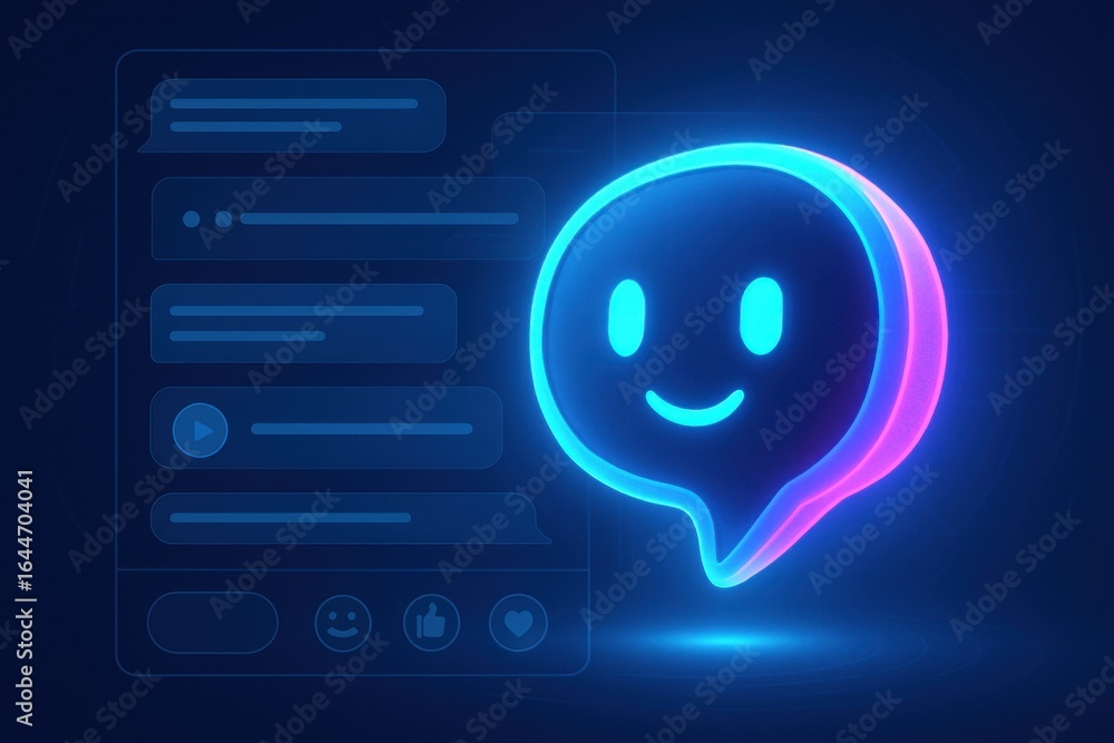 Poster 3d neon smiley chatbot with messaging window and reaction icons