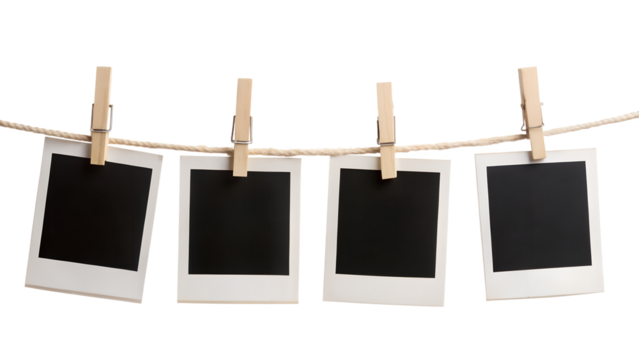 Four Instant Photo Frames Hanging on Rope Isolated on Transparent Background PNG