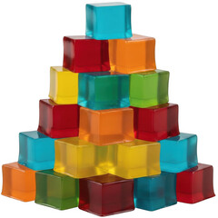 A pyramid stack of colorful translucent jelly cubes isolated on a transparent background