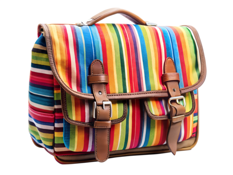 Colorful striped bag with leather straps isolated on transparent background