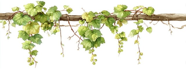 Watercolor illustration of a vine cascading from a wooden beam.  Green leaves and tendrils hang down from a light brown branch.  Gentle color palette.  Image is isolated on white background