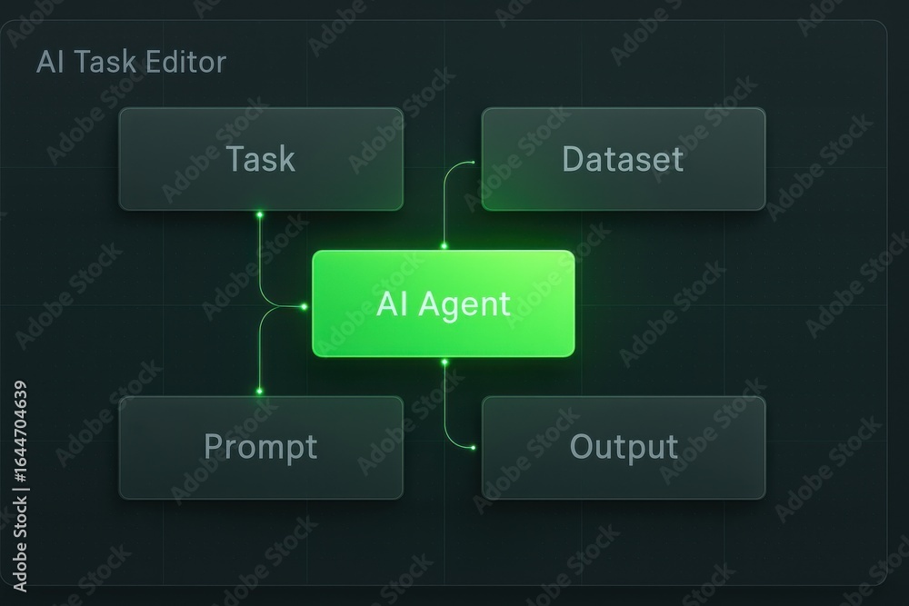 Poster green neon ai agent task editor diagram with dataset, prompt, and output