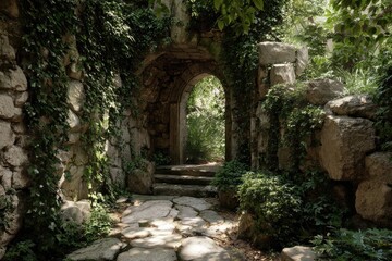 Fototapeta premium Stone archway path through overgrown ruins. Lush greenery climbs ancient walls