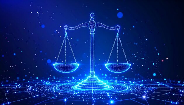 Glowing scales of justice on a dark blue, digital background - Powered by Adobe