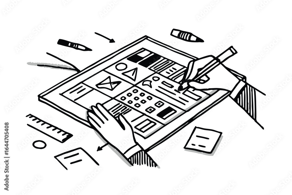 Aufkleber hands interacting with digital interfaces and website design elements