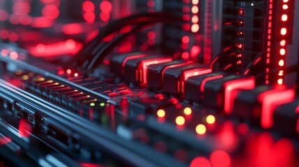 Cloud computing data center with rows of servers and digital interfaces  Cool even lighting and focus on server details Evokes technological reliability and advanced infrastructure