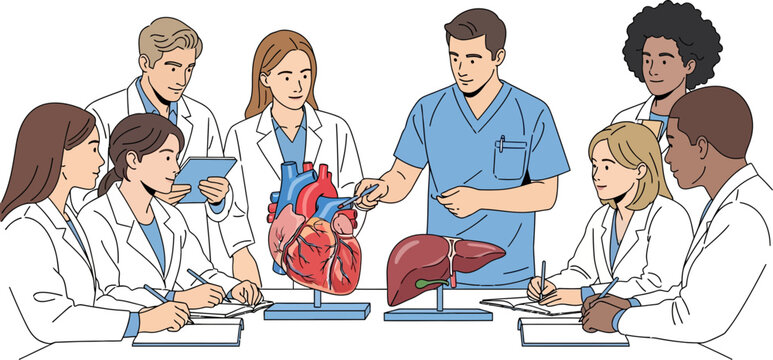 medical team conducting a detailed heart and liver health discussion during a multidisciplinary