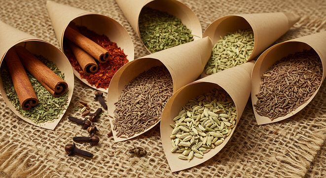"Various herbs and spices displayed in rolled parchment paper cones, including cinnamon sticks, cloves, fennel seeds, cumin seeds, and dried oregano, arranged on a burlap surface."