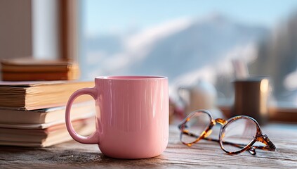 A pink mug sits on a wooden surface near a stack of books and glasses, with a blurry mountain view through a window.  Soft, warm light illuminates the scene, suggesting a cozy atmosphere