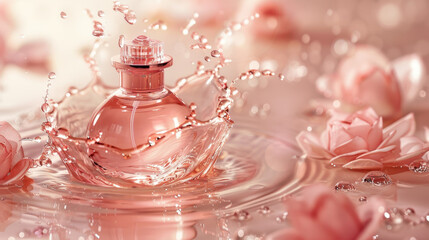 Elegant rose gold perfume bottle with splashing water and soft pink floral background