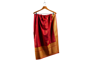 Elegant Red Silk Saree with Golden Border on Wooden Hanger