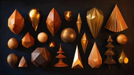 Geometric shapes of wood and gold on a dark background.