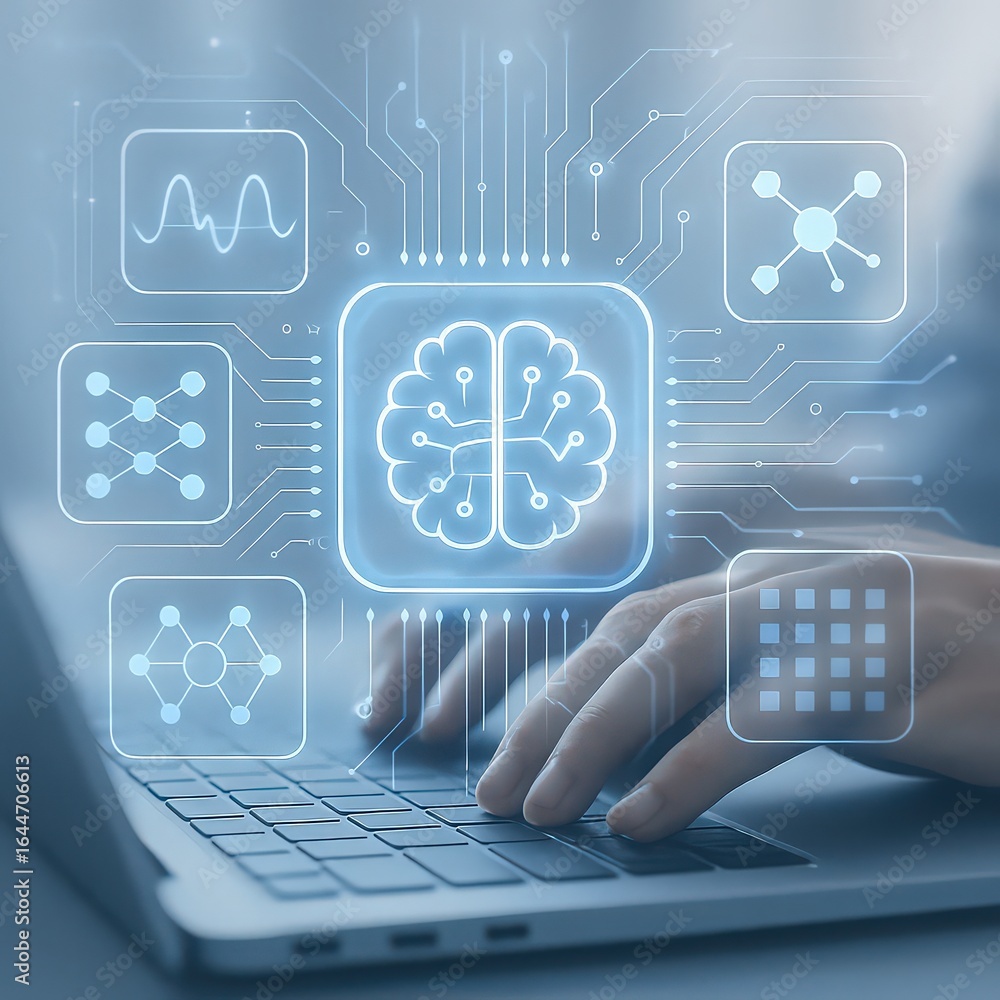 Aufkleber person typing on a laptop with ai brain and network icons overlayed on the screen and keyboard area