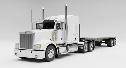 White semi truck with flatbed trailer isolated on white background