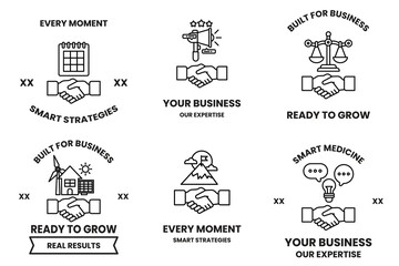 A set of business cards with a handshake symbol