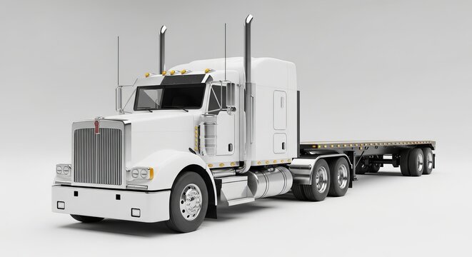 White semi truck with flatbed trailer isolated on white background