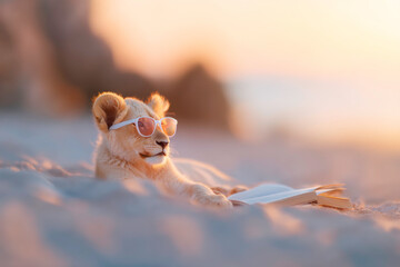 Playful lion with shades enjoying a book by sunset waves for humorous and creative visuals