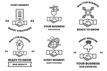 A set of business cards with a handshake symbol