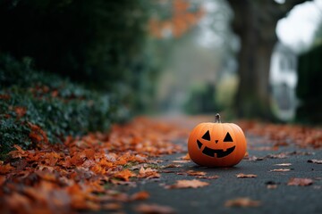 A scary jack o'lantern pumpkin with carved face on autumn road with red and orange leaves. Halloween decor on path.