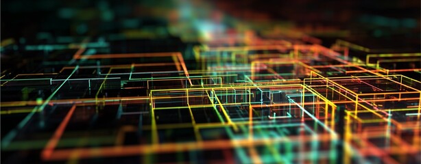 Digital Network Grid: A close-up, artistic perspective showcases the intricate beauty of a digital network grid, where colorful lines interweave to form a mesmerizing web of connectivity.