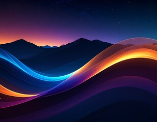 Abstract landscape of colorful wavy lines against a starry night sky