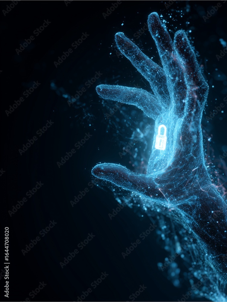 Poster digital fortress: a futuristic and abstract hand cradles a luminous lock, representing the core of d
