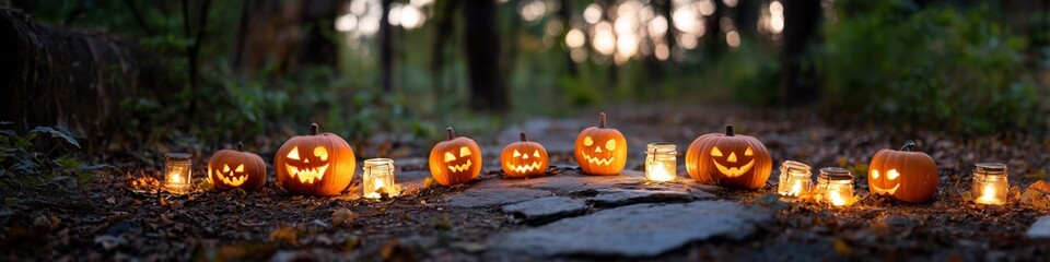 Jack o lantern pumpkins and glass jars with candles on a walking trail. Spooky autumn night Halloween holiday scene. Scary forest path.