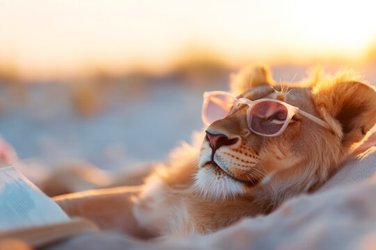 Lion wearing sunglasses reading a book on beach at sunset for fun and whimsical animal concepts