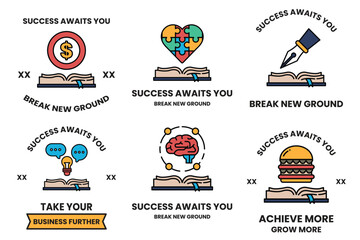 image is a collection of six different designs all of which feature a book